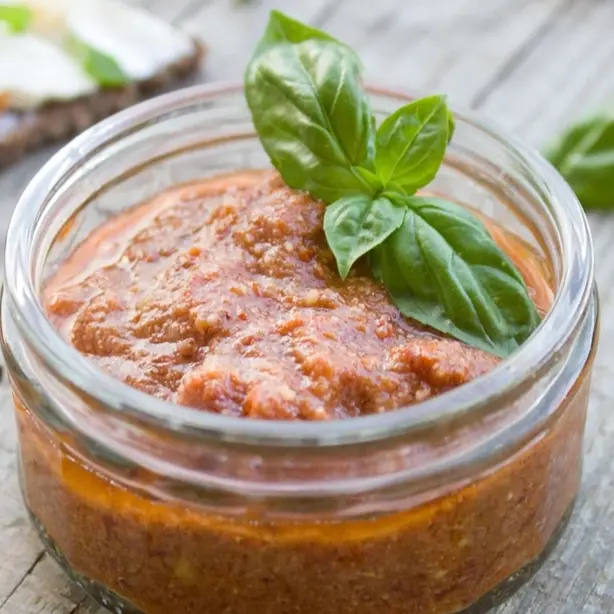 Pot de pesto trapanese bio avec plat de pâtes, tomates cerises, ail, amandes et basilic frais en arrière-plan