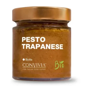 Pesto biologique à la trapanese de chez Convivia en Sicile, dans un pot en verre de 190g