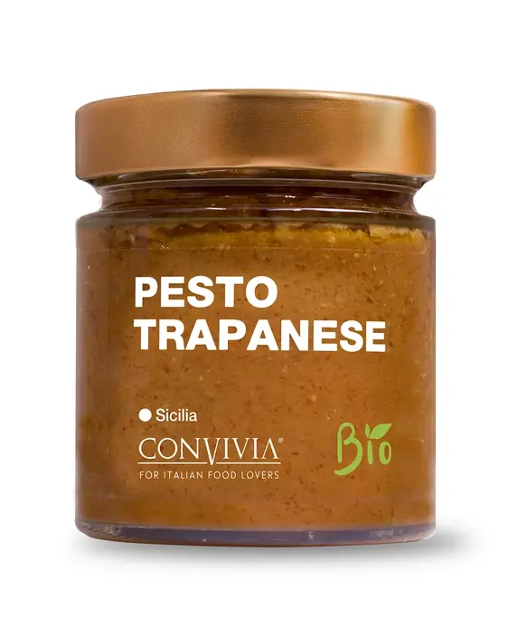 Pesto biologique à la trapanese de chez Convivia en Sicile, dans un pot en verre de 190g