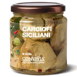 Pot en verre d’artichauts siciliens assaisonnés avec étiquette blanche et illustrations légumes - vue avant