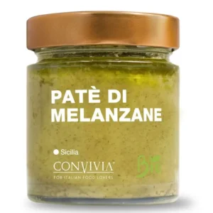 Pot en verre de pâté d’aubergines bio vu de face avec étiquette marquée Pâté di Melanzane et label bio