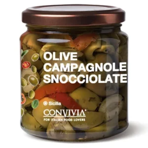 Pot en verre d’olives de campagne dénoyautées 280g avec étiquette et illustrations légumes - vue avant