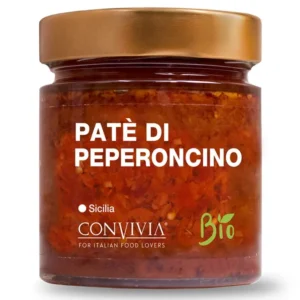 Pot en verre de pâté de piments bio 190g avec étiquette blanche et inscriptions rouges - vue avant