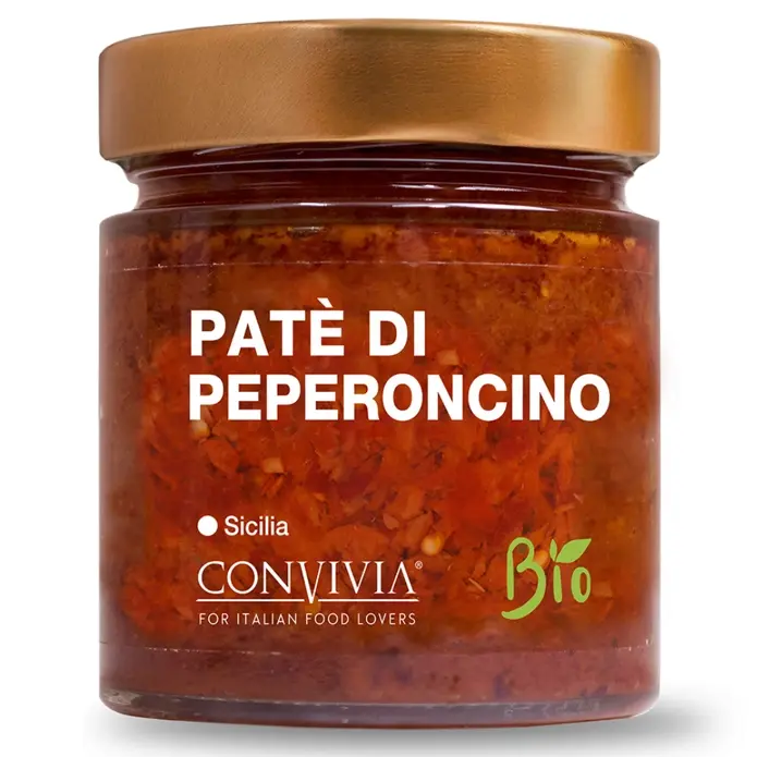 Pot en verre de pâté de piments bio 190g avec étiquette blanche et inscriptions rouges - vue avant