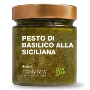 Pot en verre de pesto au basilic sicilien biologique 190g avec étiquette et logo bio