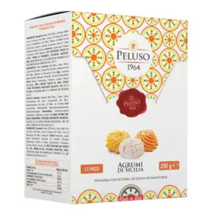 Pâtisseries siciliennes aux amandes et aux agrumes de Sicile, de chez Peluso, boite de 250g.