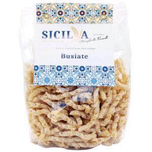 Pâtes artisanales Busiate corte fabriquées en Sicile, dans un sachet de 500g.
