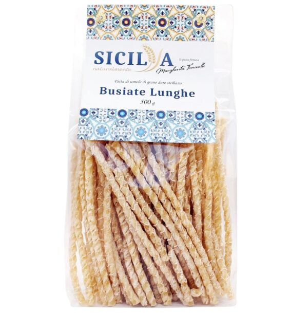 Pâtes artisanales Busiate lunghe fabriquées en Sicile, dans un sachet de 500g.