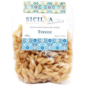 Pâtes artisanales Trecce fabriquées en Sicile, dans un sachet de 500g.