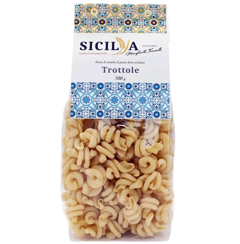 Pâtes artisanales Trottole fabriquées en Sicile, dans un sachet de 500g.