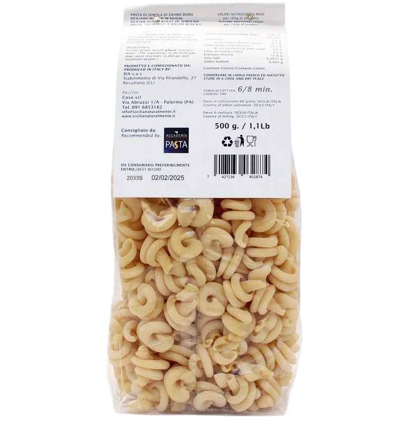 Pâtes artisanales Trottole, fabriquées en Sicile, dans un sachet de 500g avec la liste des ingrédients.