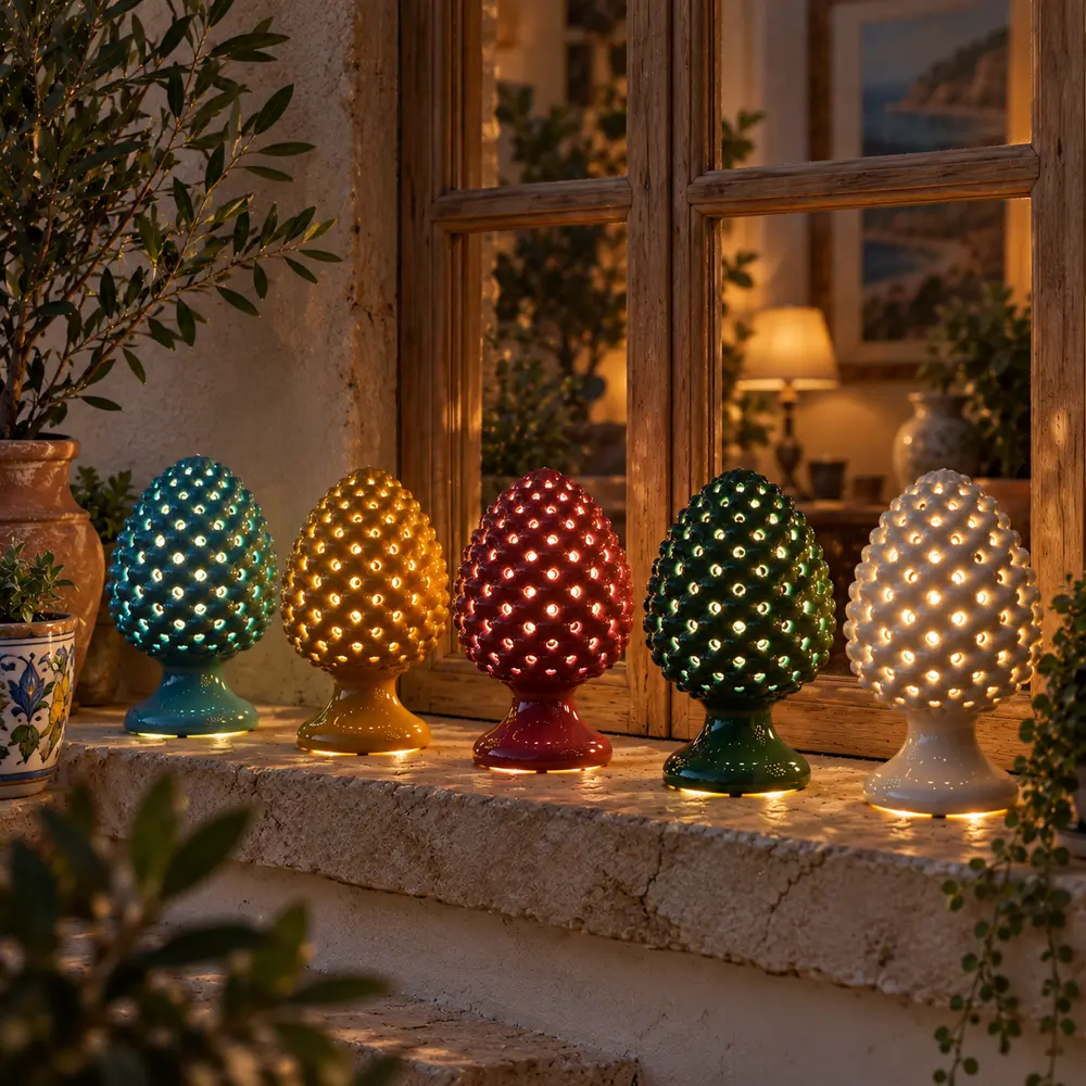 Pigne sicilienne lumineuse LED en céramique de 18 cm, présentée avec quatre autres coloris allumés.