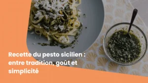 Assiette de pâtes fraîches au pesto sicilien bio avec copeaux de fromage et sauce artisanale maison