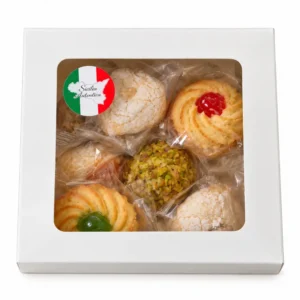 Coffret de 8 gâteaux siciliens à la pâte d'amandes, emballés individuellement dans une boîte blanche avec fenêtre transparente et logo Sicilia Autentica.