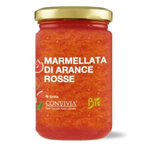 Confiture bio et artisanale d'oranges rouges sanguines de Sicile dans un pot en verre de 360g
