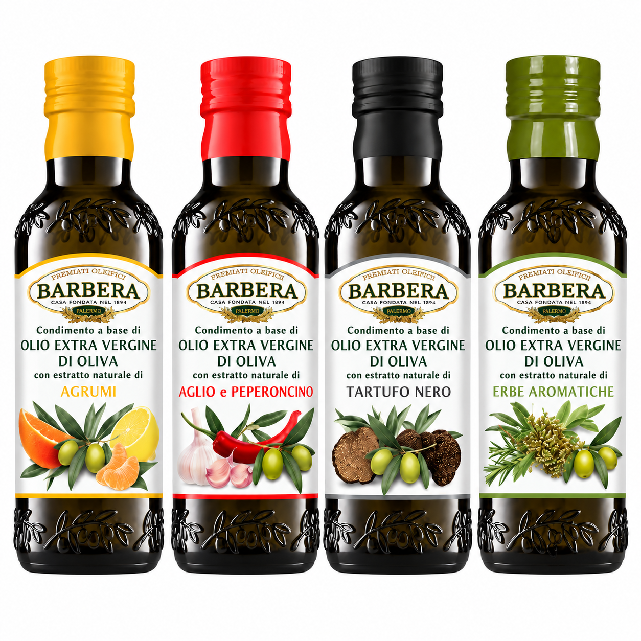 Gamme d’huiles d’olive aromatisées Barbera – agrumes, ail piment, truffe noire et herbes aromatiques