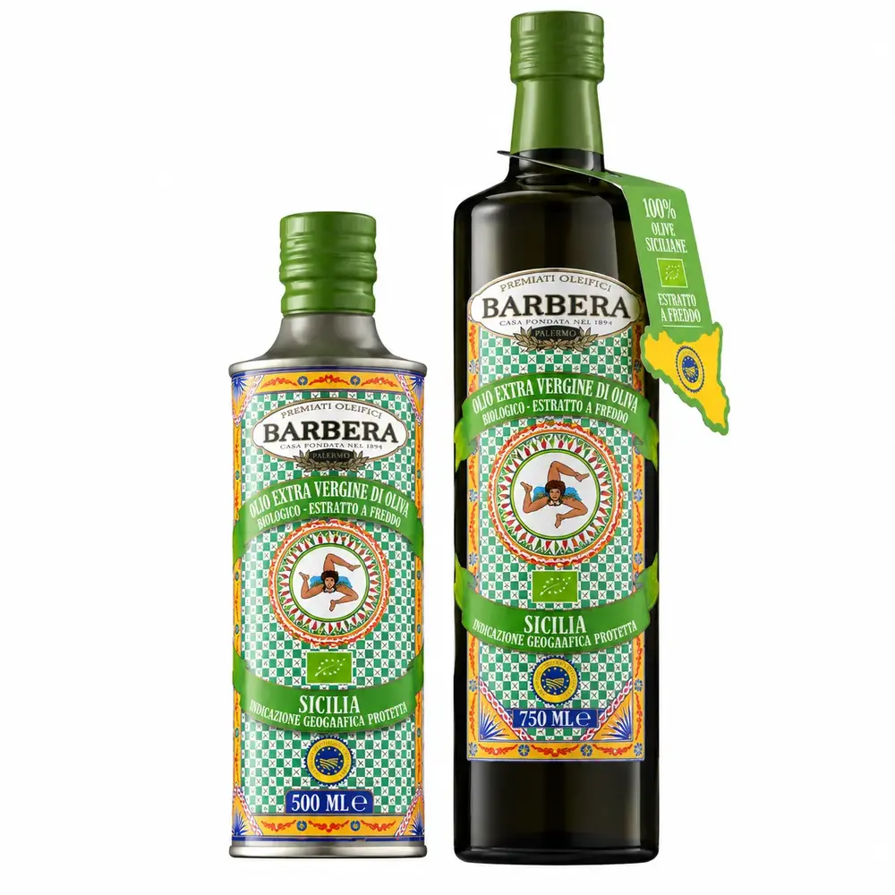Huile d'olive extra vierge BIO IGP Sicile Barbera, bouteilles de 500 ml et 750 ml.