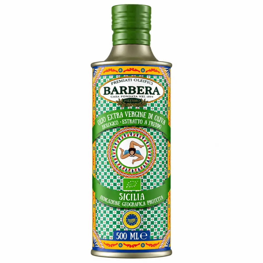 Bouteille de 500 ml d'huile d'olive extra vierge BIO IGP Sicile de la maison Barbera, Italie.