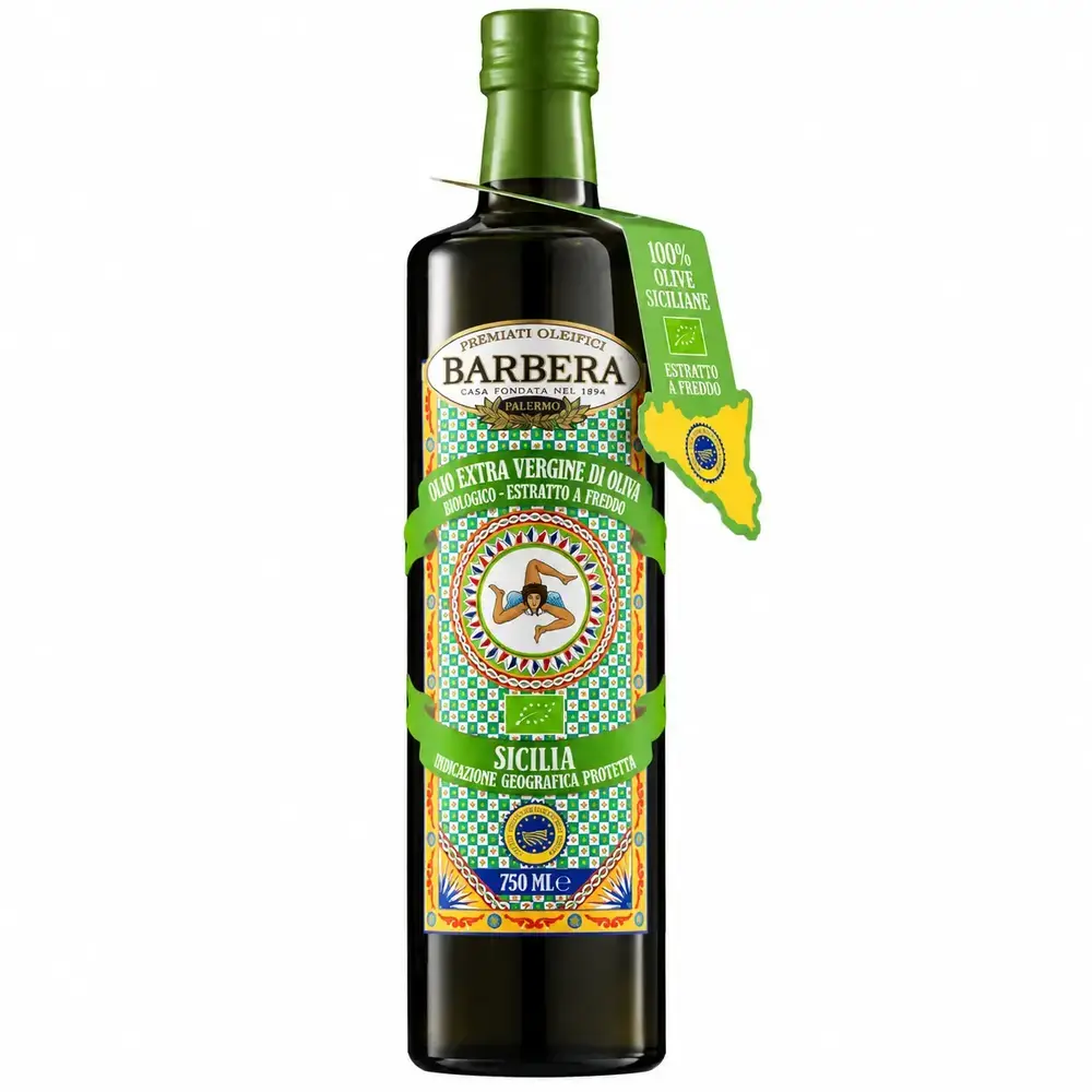 Bouteille en verre de 750 ml d'huile d'olive extra vierge BIO IGP Sicile de la maison Barbera, Italie.