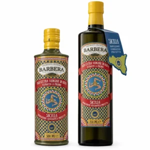 Deux huiles d'olive extra vierges IGP Sicile Barbera, bouteilles de 500 ml et 750 ml