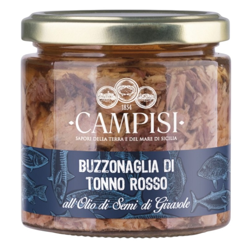 Morceaux émiettés au thon rouge de Sicile préparés de façon artisanale et prêt à l'emploi, de chez Campisi, dans un pot de 220g