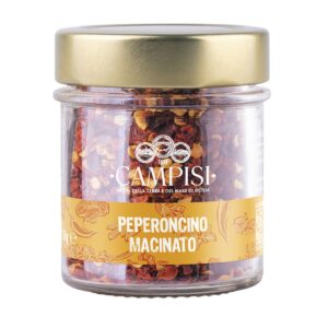 Piment rouge de Sicile concassé, dans un pot en verre de 50g de chez Campisi