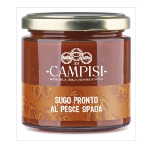 Sauce tomate artisanale à l'espadon prête à l'emploi, de chez Campisi, dans un pot en verre de 220g
