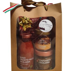 Panier garni contenant des produits typiques et artisanaux siciliens.