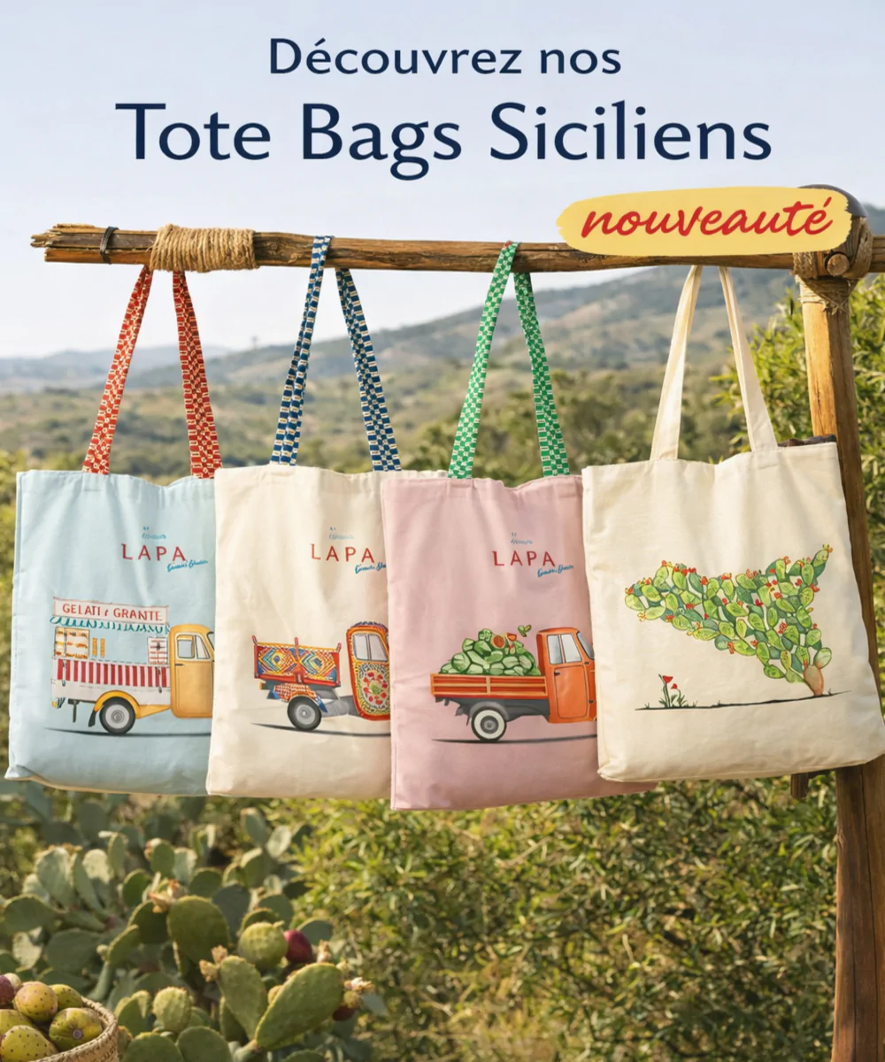 Présentation de 4 sacs tote bag siciliens de qualité et de chez cirnauti, 100% coton