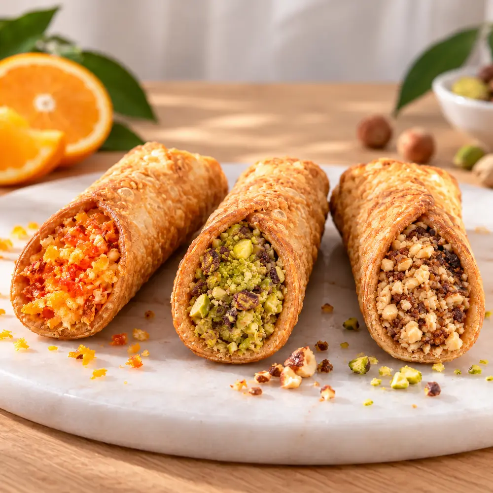 Assortiment de trois cannoli siciliens à la pistache, noisette et agrumes, présentés sur une planche en marbre.