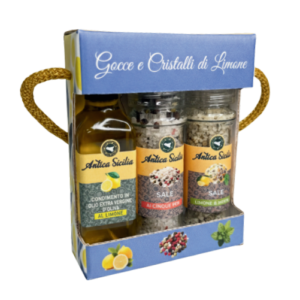 Coffret gourmand sicilien Antica Sicilia avec huile d'olive au citron et sels aromatisés