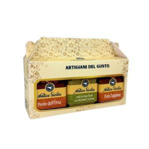Coffret gourmand sicilien avec Pesto de l'Etna, Pesto Trapanese et crème d'olives vertes aux amandes de Sicile
