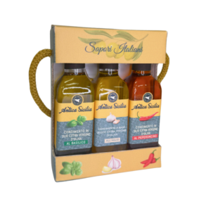 Coffret Antica Sicilia avec trois huiles d'olive aromatisées au basilic, à l'ail et au piment