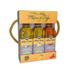 Coffret Antica Sicilia avec trois huiles d'olive aromatisées à l'origan, au citron et au piment