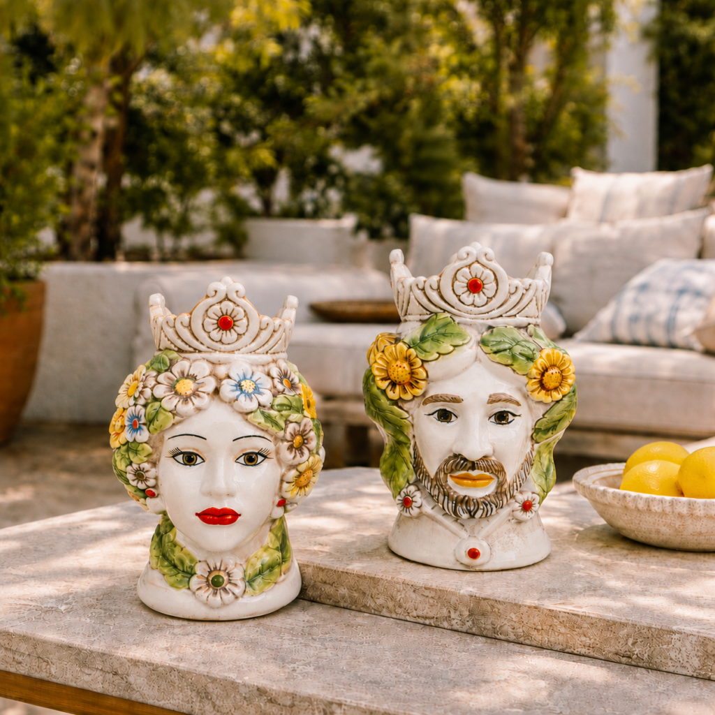 Teste di Moro siciliennes en céramique décorative sur une terrasse ensoleillée