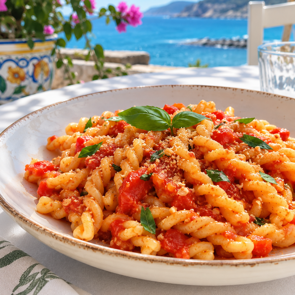 Assiette de busiate alla Trapanese, recette sicilienne traditionnelle avec tomates, amandes et basilic