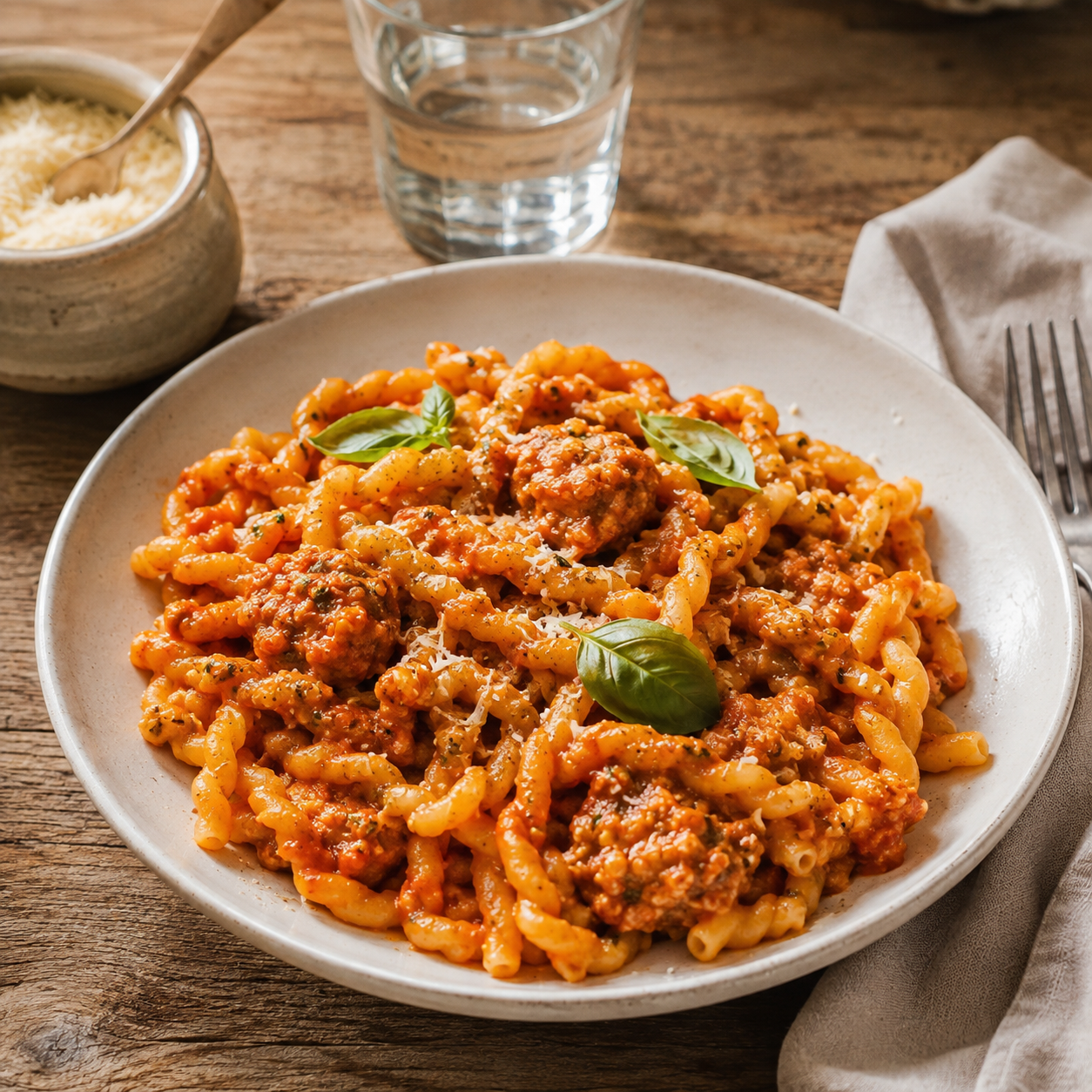 Assiette de busiate alla Trapanese, recette sicilienne traditionnelle