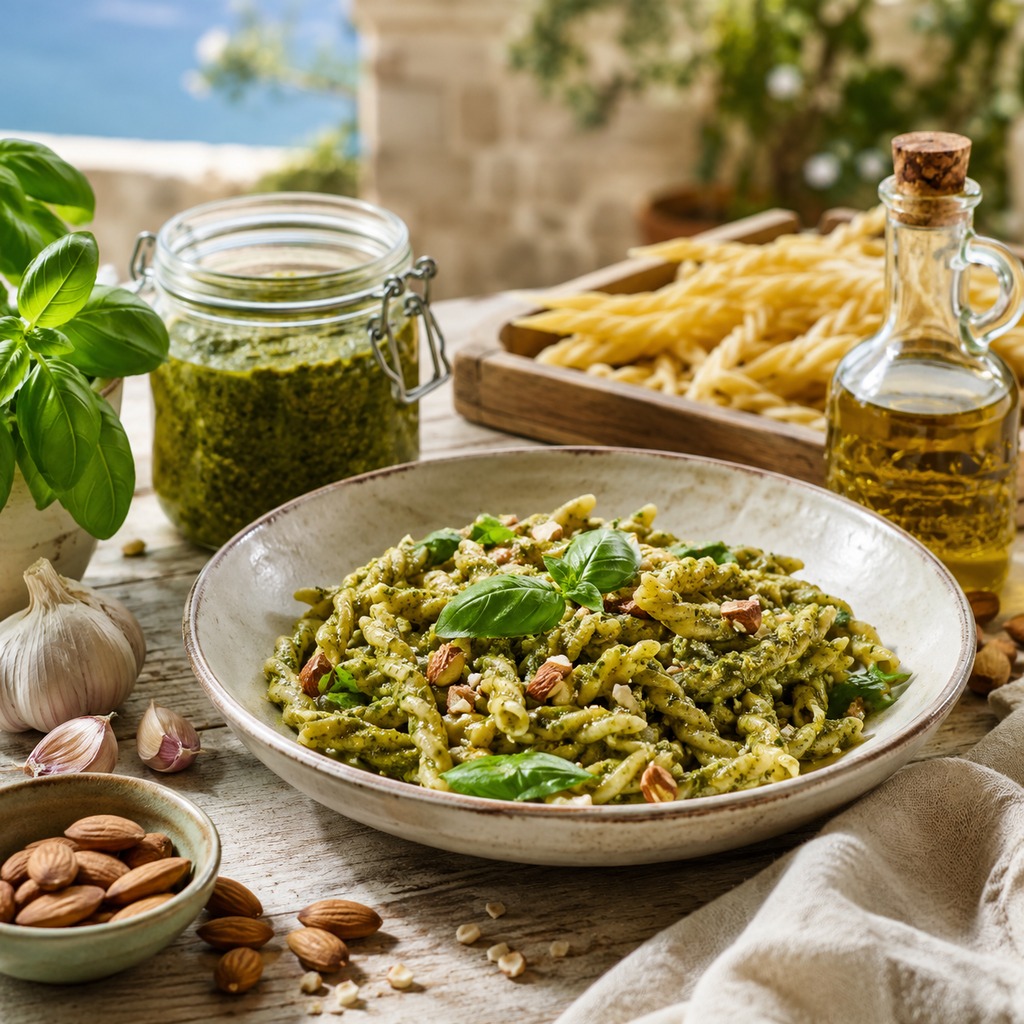 Busiate au pesto sicilien au basilic et aux amandes