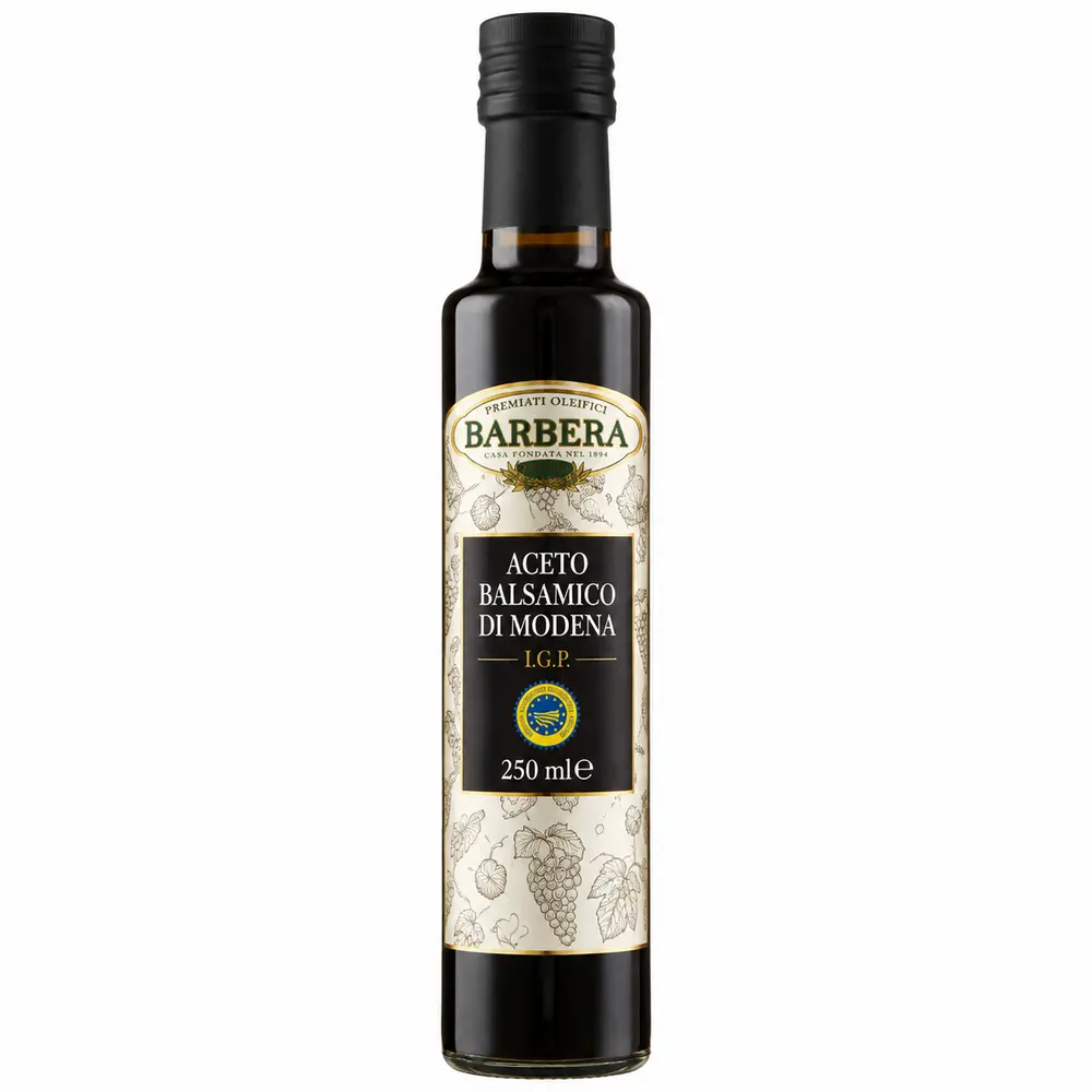 Bouteille de vinaigre balsamique de Modène IGP Barbera 250 ml sur fond blanc