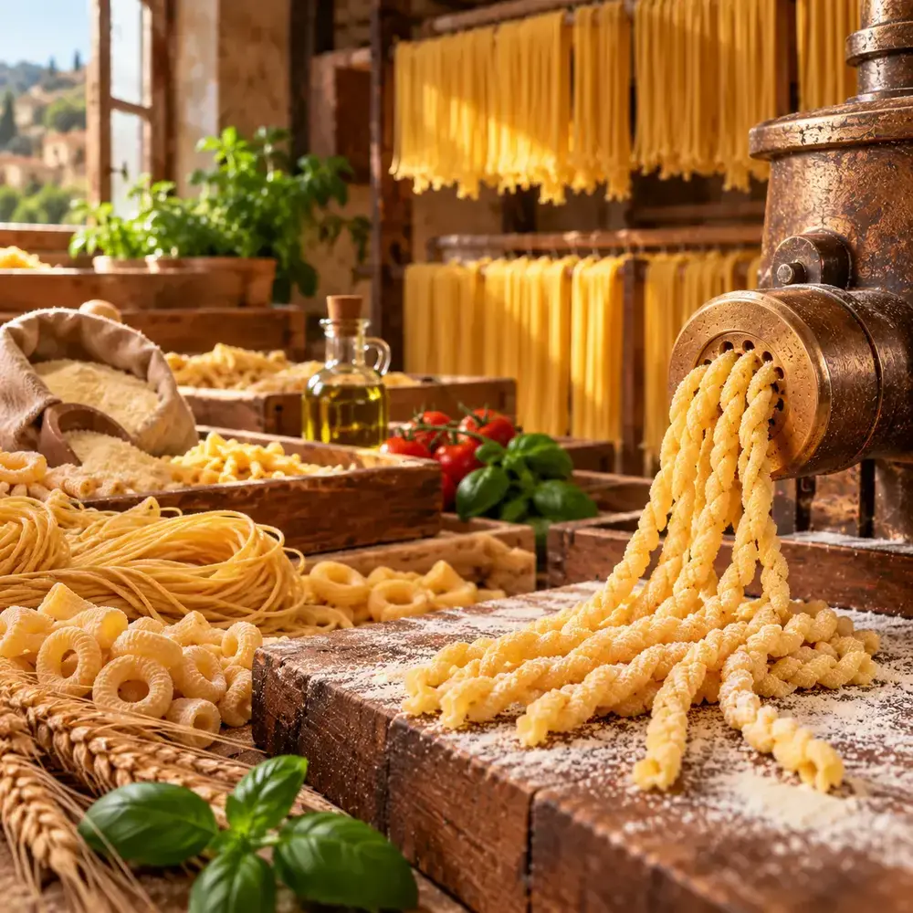 Illustration de la fabrication de pâtes artisanales siciliennes avec tréfilage au bronze.