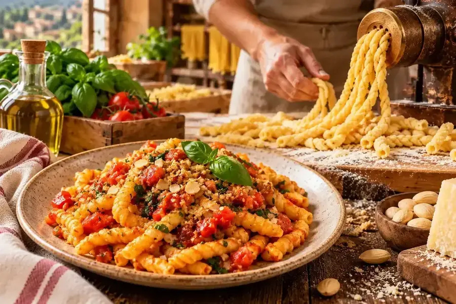 Assiette de pâtes artisanales siciliennes à la sauce tomate, avec fabrication traditionnelle par tréfilage au bronze en arrière-plan.