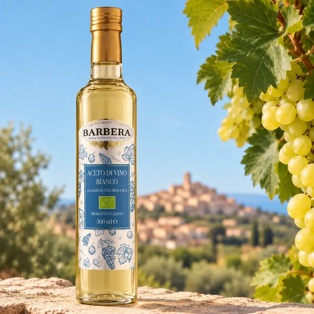 Vinaigre de vin blanc BIO Barbera dans un décor de vignoble italien avec des raisins blancs